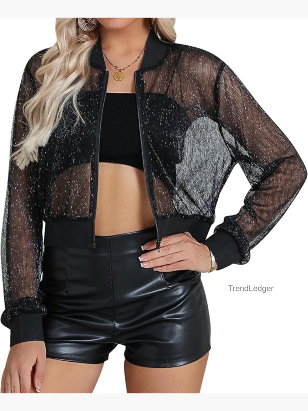 Sheer Mesh Sparkly Crop Bomber Jacket Rave Festival Clubwear